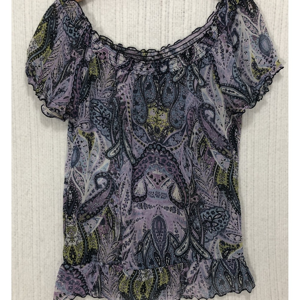 IZ Byer California Women Purple Paisley Smocked Ruffle Hem Blouse Large